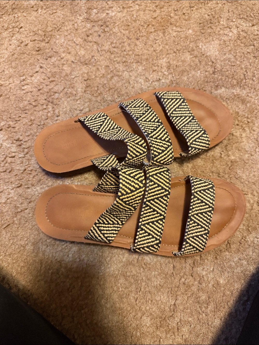 Triple-Strap Woven Slide Sandals in Black & Cream